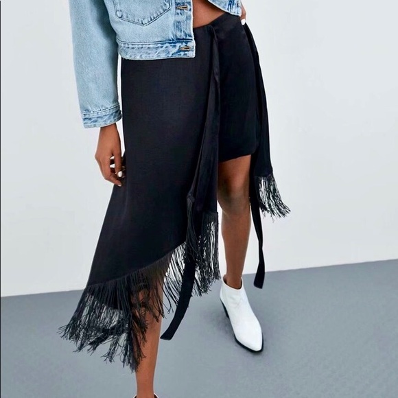 Zara Fringed Black Pareo Skirt NWT - Picture 6 of 9